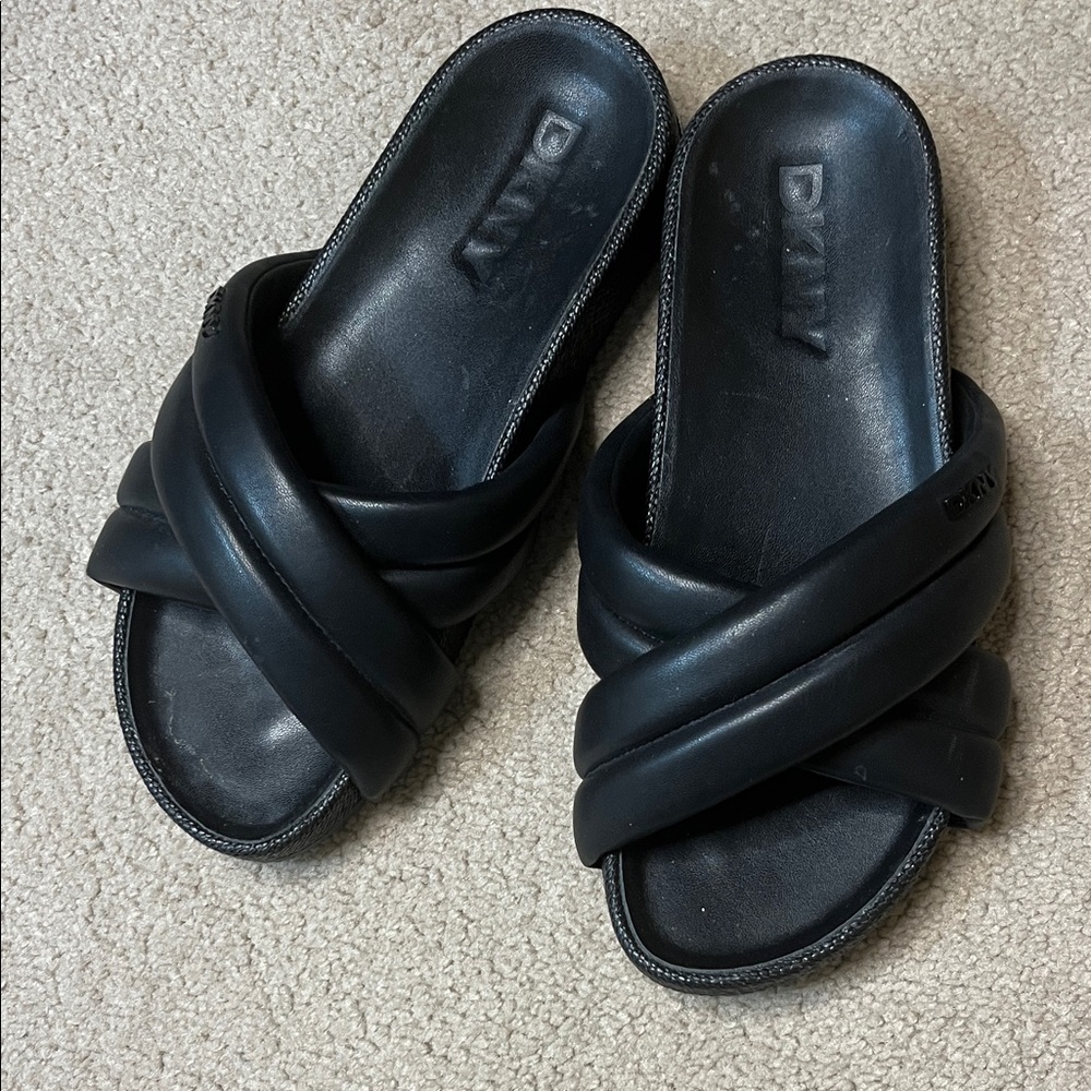 DKNY Black Padded Crisscross Slide Sandals